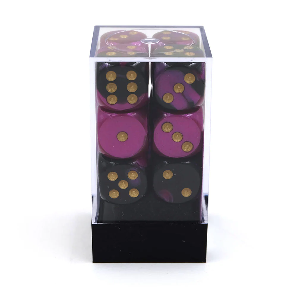 12 stk gemini sort/lilla terninger (16 mm)